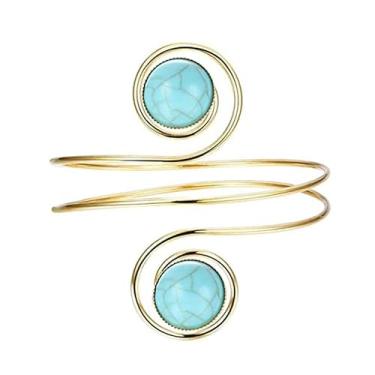 Imagem de Boho, ouro, prata, turquesa, pedra do braço, punho para mulher, aberto, ajustável, espiral, braçadeira, braçadeira minimalista, para o braço, joia, declaração de festa, joia, One Size, Liga de aço