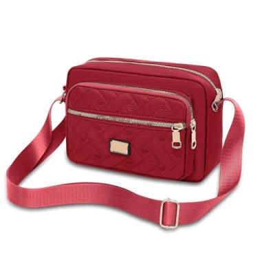 Imagem de Bolsa carteiro feminina de tecido Oxford com vários zíperes, bolsa carteiro moderna com estampa bordada de grande capacidade, Vermelho, 10cm x 20cm x 1.5cm