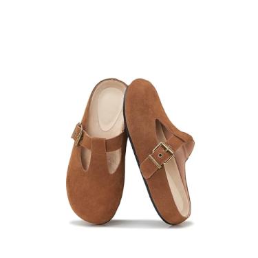 Imagem de ATBELL Sapatilhas femininas de camurça Mary Jane Mules com recorte de bico redondo com tira de fivela e sola de borracha, Bronzeado, 34