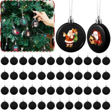 Imagem de VioraWhite 48 peças de enfeites de Natal faça-você-mesmo de 6 cm, enfeite de bola preta, discos planos de plástico fosco, enfeites de pendurar para árvore de Natal, decorações faça-você-mesmo