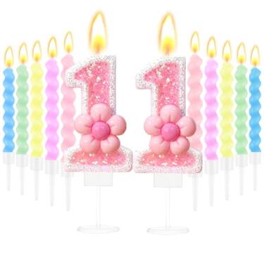 Imagem de Velas de aniversário para bolo brilhante número 11 velas de bolo de aniversário com design de flor rosa 11 peças velas espirais suprimentos de festa de aniversário para 11 anos de decoração de bolo de