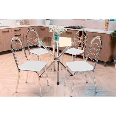 Imagem de Kit 4 Cadeiras Sala Jantar Volga C- Tampo De Vidro 95cm E 4 Cadeiras Holanda Cromada - Courano Branco - Kappesberg