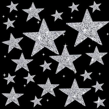 Imagem de 22 peças de aplique de strass com aplique de strass adesivo prata cola quente em forma de estrela glitter adesivos de cristal para reparo de roupas, jeans, bolsas, chapéus e acessórios DIY (prata)
