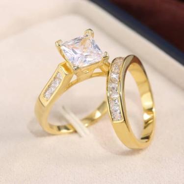 Imagem de 2 peças/conjunto de alianças de casamento de luxo para mulheres, joia de zircônia brilhante para noivado, 11, Latão, Zircônia cúbica