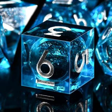 Imagem de AUSTOR Liquid Core DND Dice Set, 7-Die Sharp Edge Polyhedral Dice Quicksand Handmade Resin Dices for Dungeons and Dragons RPG MTG Table Games, Blue & Black, Silver