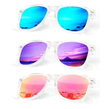 Imagem de Pacote com 3 óculos de sol polarizados para homens e mulheres com acabamento fosco, lentes espelhadas coloridas, Azul gelo + roxo + rosa sakura
