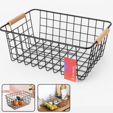 Imagem de Cesto Organizador Metal Preto com Alça de Madeira 28x22 CM