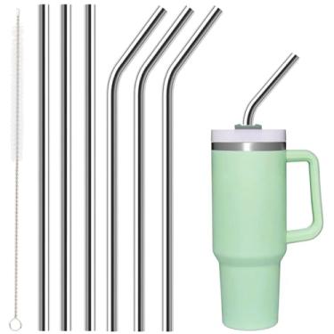Imagem de Conjunto de canudos de aço inoxidável reutilizáveis de 30 cm compatível com Stanley Copo de copo de 850 g, conjunto de 3 retos e 3 dobrados com 1 escova de limpeza, canudos longos adequados para