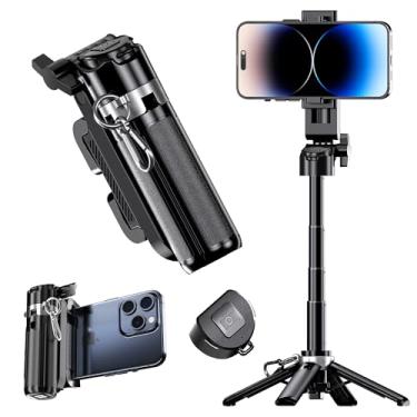 Imagem de GripPic Mini tripé de bastão de selfie para iPhone, extensão de altura ajustável em 6 seções (12 a 42 cm), controle remoto de 10 metros, adequado para viagens/transmissão ao vivo/várias cenas ao ar