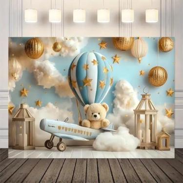 Imagem de Desenho animado balão de ar quente avião urso pano de fundo para festa de 1º aniversário, céu azul, nuvens, estrela dourada, fundo fotográfico, chá de bebê recém-nascido, festa de aniversário infantil
