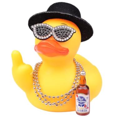 Imagem de MuMyer Ornamento de carro de pato de borracha, acessórios exclusivos de decoração de painel de carro de pato amarelo com colar de óculos de sol de cartola e adereço fofo (9,5 cm)