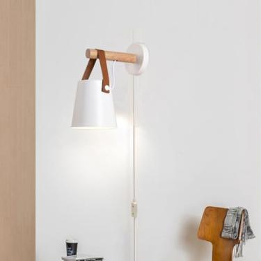 Imagem de GZZBMY E27 Apliques de parede com interruptor e tomada retro industrial metal candeeiros de parede madeira interior iluminação para quarto cabeceira sala de estar (sem lâmpada) (branco)