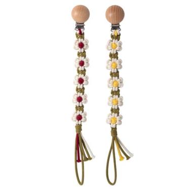 Imagem de Clipe de chupeta Symbolife Daisy Macrame, suporte de madeira 30cm