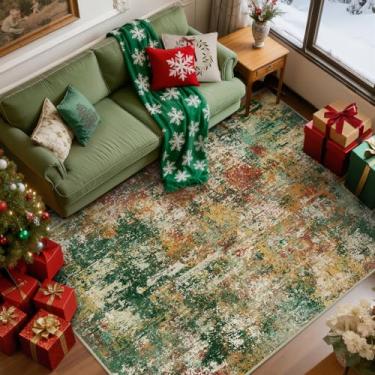 Imagem de RELEANY Tapetes laváveis 1,8 m x 2,5 m, antiderrapante, moderno, abstrato, macio para sala de estar, entrada, quarto, berçário, estampado, verde, laranja, ferrugem, vermelho, creme, colorido