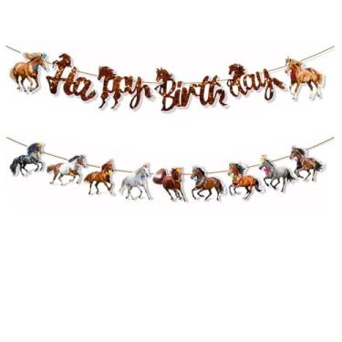 Imagem de Pano de fundo de banner de feliz aniversário de cavalo, bandeira de bandeira de bandeira de bandeira de corrida de cavalos ocidental, decorações de festa de pônei, guirlanda suspensa de pônei