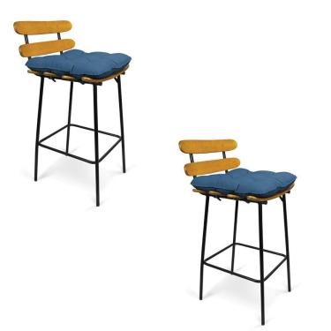 Imagem de Kit 02 Banquetas Costela Suede Azul Marinho Base Metal