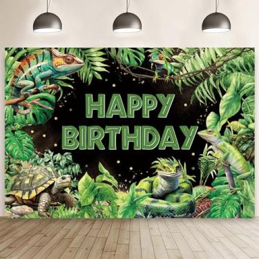 Imagem de MEHOFOND 2,1 x 1,5 m Pano de fundo de aniversário de réptil, lagarto, cobra, tartaruga, artigos de festa de feliz aniversário, vegetação selvagem, floresta, banner, folhas de palmeira, bandeira, bolo