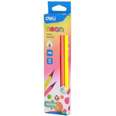 Imagem de Lápis Preto Redondo, Deli, Decorado, HB, Triangular, Neon, com Borracha Wood, Blíster com 12