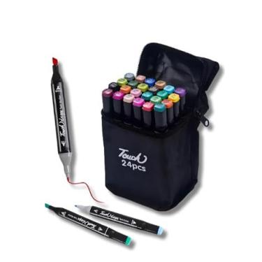 Imagem de Kit Marcadores 24 Cores, Canetas com Ponta Dupla para Colorir e Desenhar, Estojo Organizador Preto