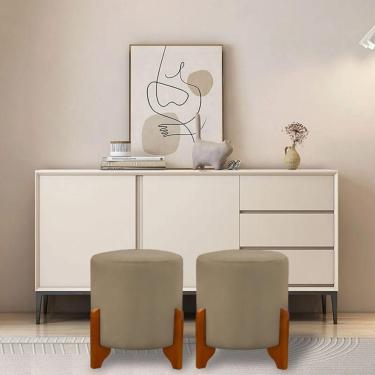 Imagem de Kit 2 Puffs Banquetas Thor Pés De Madeira Maciça Veludo Bege