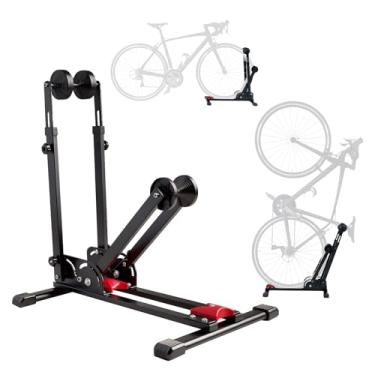 Imagem de Suporte de bicicleta de piso resistente, rack de armazenamento de bicicleta independente, braços de suporte duplo ajustáveis, instalação sem perfuração para garagem, preto
