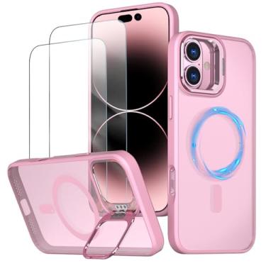 Imagem de Capa magnética para iPhone 16 Capinha - Inclui 2 protetores de tela [Suporte para celular] [Compatível com carregamento sem fio] Case Skin-touch para iPhone 16 - Rosa