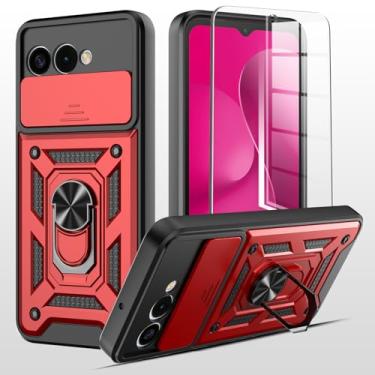 Imagem de Capa T-Mobile Revvl 8 TMRV085G com capa deslizante para câmera + protetor de tela de vidro temperado à prova de choque resistente [grau militar] capa de telefone resistente com suporte (vermelho)