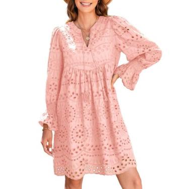 Imagem de Vestido de férias Dokotoo 2024 manga comprida 100% algodão rosa