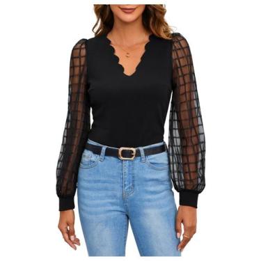 Imagem de Blusa MakeMechic de renda, manga comprida, malha transparente, decote 