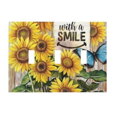 Imagem de JDAKHD Placa de cobertura para interruptor de luz, girassóis e borboletas vibrantes, placa de parede decorativa de 3 gangues textura de madeira rústica placa de interruptor triplo placa elétrica