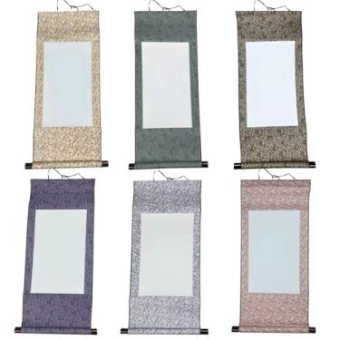 Imagem de Conjunto de pergaminhos suspensos de caligrafia, 6 peças de rolos de papel de arroz chinês em branco para escrita e pintura com pincel, exibição de arte tradicional com bordas de motivo de dragão