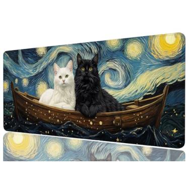 Imagem de Tapete de mesa de gato noturno estrelado para jogos grande mouse teclado pad anime preto branco gato kawaii tapete de mesa teclado de computador tapete de mouse tapete para laptop escritório decoração