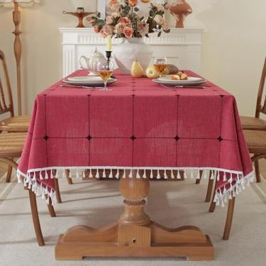 Imagem de Wuluwala Toalha de mesa xadrez rústica para mesas retangulares, toalha de mesa quadriculada com borlas, toalha de mesa de linho pesada, sem rugas, lavável para cozinha, festa, decoração de casa