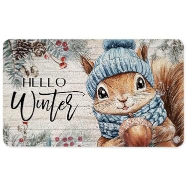 Imagem de WARDOS Tapete de porta de esquilo de inverno Hello Winter, tapete rústico de pinheiro, esquilo, para porta da frente, entrada interna e externa, tapete de boas-vindas de Natal externo, tapetes de