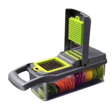 Imagem de Ralador e Cortador Multifuncional Manual, 16 Peças, Cinza e Verde, Aço Inoxidável, Base Retangular com Recipiente, Lâminas para Corte e Ralagem