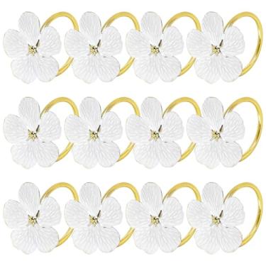 Imagem de Porta-guardanapos de metal com borda dourada, conjunto de anéis de guardanapo florais brancos, design elegante de flores de 5 pétalas, perfeito para ocasiões formais e feriados