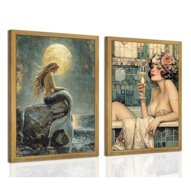 Imagem de Conjunto de 2 arte de parede em tela de banheiro vintage emoldurada, imagem de decoração de parede de mulher na banheira, estampa de pôster de sereia retrô para quarto, sala de estar, quarto de menina