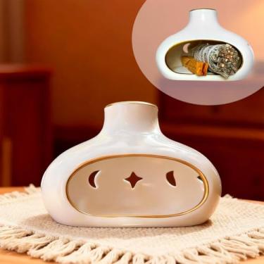 Imagem de SEEYAURO Conjunto de suporte de incenso de cerâmica - queimador de cone de palo sálvia e palo sálvia feito à mão com orifícios, tigela para meditação e ioga - suporte Palo Santo - decoração de casa