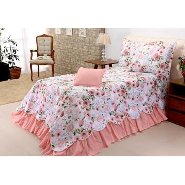 Imagem de Kit 3 Peças Belize Cobreleito Solteiro, Microfibra Matelassado com Babados, Inclui Porta Travesseiro e Capa de Almofada (Rosê Buquê)