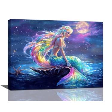 Imagem de Trimety Sereia arte de parede sereia decoração de parede noite lua tela cartaz imagens placas decorações para casa impressão pintura arte para meninas quarto banheiro quarto sala de estar cozinha 40,6