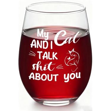 Imagem de Slugeren Presentes para amantes de gatos para mulheres, My Cat & I Talk About You, taça de vinho sem haste 500 ml, presentes de aniversário de Natal para mãe irmã amiga esposa