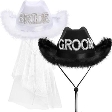Imagem de Conjunto de chapéus de cowgirl para noiva e noivo, branco e preto, não tecido