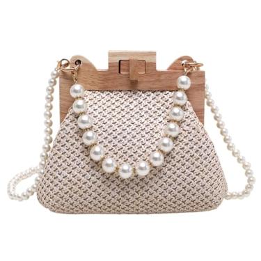 Imagem de Bolsa tiracolo moderna para mulheres bolsa clutch com concha requintada bolsa de ombro de palha com pérolas e detalhes de madeira casamento 2025, Bege