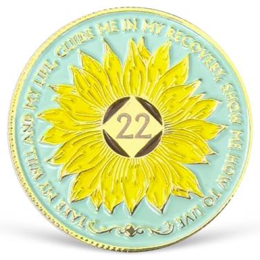 Imagem de Girassol Medalhão NA 22 Anos NA Moeda de Sobriedade AA com Serenity Prayer NA Recovery Chip Celebrando Vida Limpa e Sóbria 1-25 Anos Narcóticos Presentes Anônimos para Mulheres e Homens