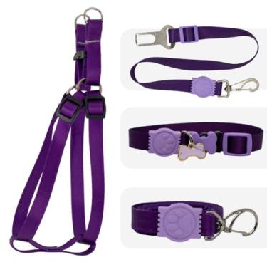 Imagem de Kit Coleira, Peitoral e Cinto de Segurança para Cachorro | Fita de Seda Néon Ajustável, Super Resistente e Confortável | Guia com Trava de Segurança para Passeios e Viagens(Roxo,G)