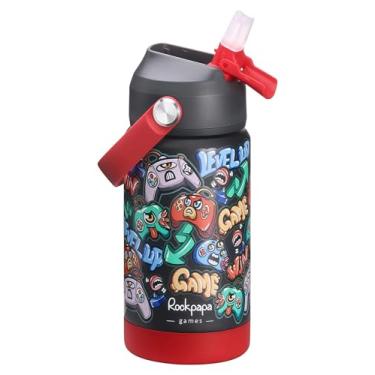 Imagem de rockpapa Garrafa de água infantil isolada com canudo, livre de BPA, aço inoxidável 18/8, à prova de vazamento, copo de metal de 400 ml para meninos e meninas (jogos pretos)