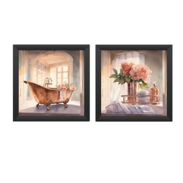 Imagem de kit 2 quadros decorativos banheiro, lavabo, toalete, flores, Rose gold, vasos, vidro 18x18 cm(Preto)