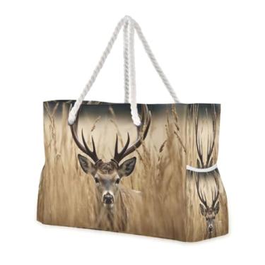 Imagem de ATTX Bolsa feminina de praia de veado de campo de trigo - bolsas de praia grandes com zíper à prova d'água à prova de areia bolsa para piscina grande #422