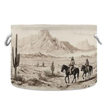 Imagem de SEHANY Cesta grande de armazenamento redonda de cowboy do deserto ocidental com alça de corda, cesto de roupa suja de lona para armazenamento de cobertores, cesta de armazenamento infantil para quarto