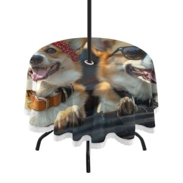 Imagem de Blueangle Toalha de mesa redonda impermeável de 152 cm para ambientes externos com dois cachorros corgi felizes com orifício para guarda-chuva - Tecido resistente para todos os climas à prova de sol